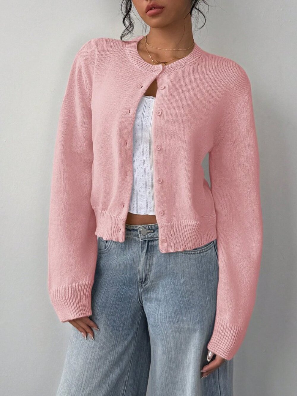 Pink Casual Women's Round Neck Long Sleeve Loose Cropped button down Cardigan